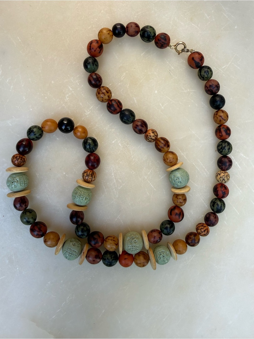 Vintage Handmade Multicolor Picasso and Leopard Jasper and clay beaded necklace